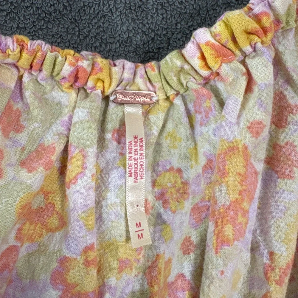 Free People James Top Womens M Yellow Floral Peasant Boho Smocked Button Front
